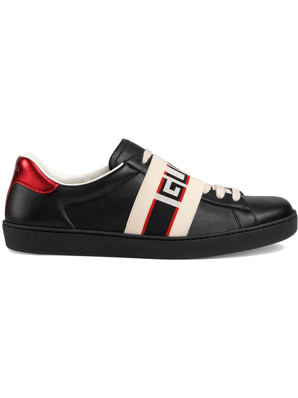black, red and cream logo stripe leather sneaker