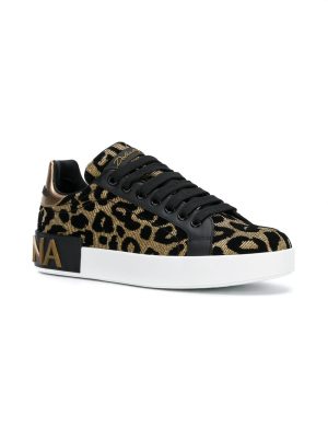 Metallic Gold, Black And White Leopard Leather Sneakers