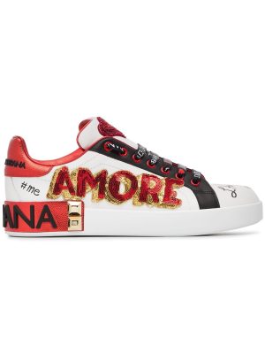 White, Red And Black Amore Heart Embroidered Leather Sneakers