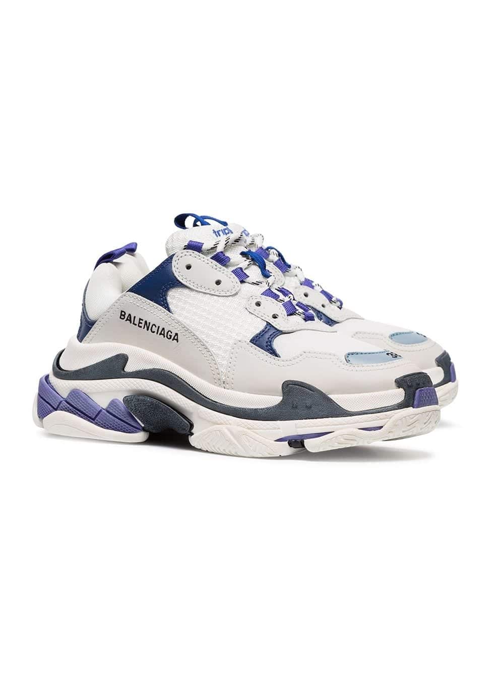 White and Blue Triple S Leather Sneakers