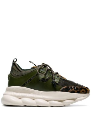 Khaki Green Chain Reaction Leopard Print Low-top Leather Sneakers