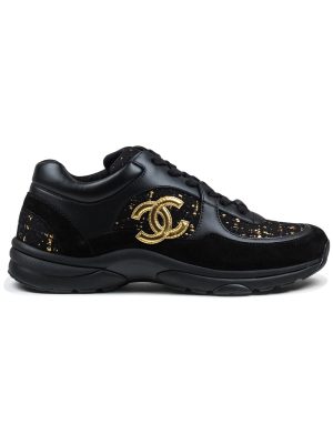 CHANEL CC Logo Suede Tweed Black Gold Sneaker