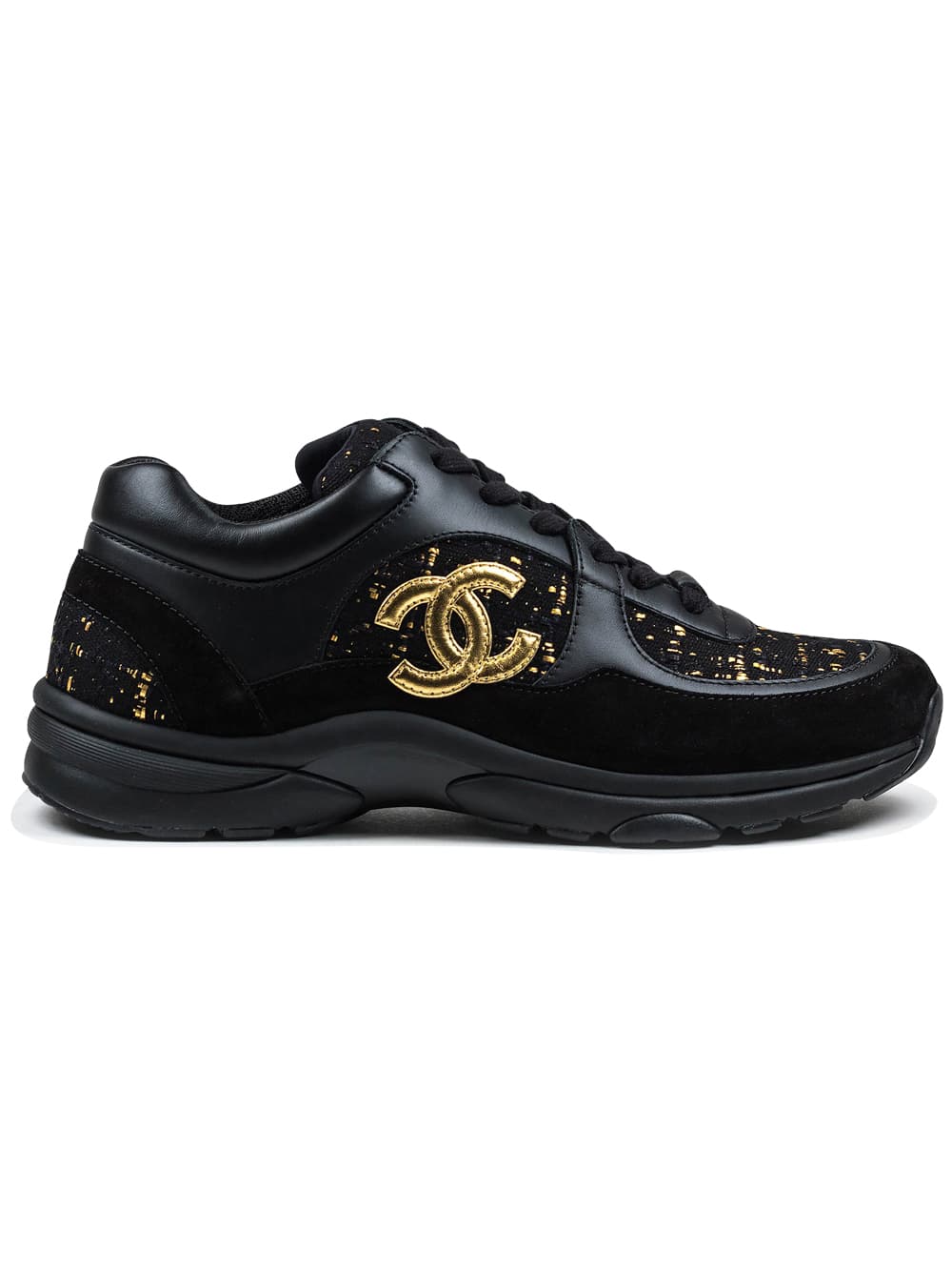 CHANEL CC Logo Suede Tweed Black Gold Sneaker