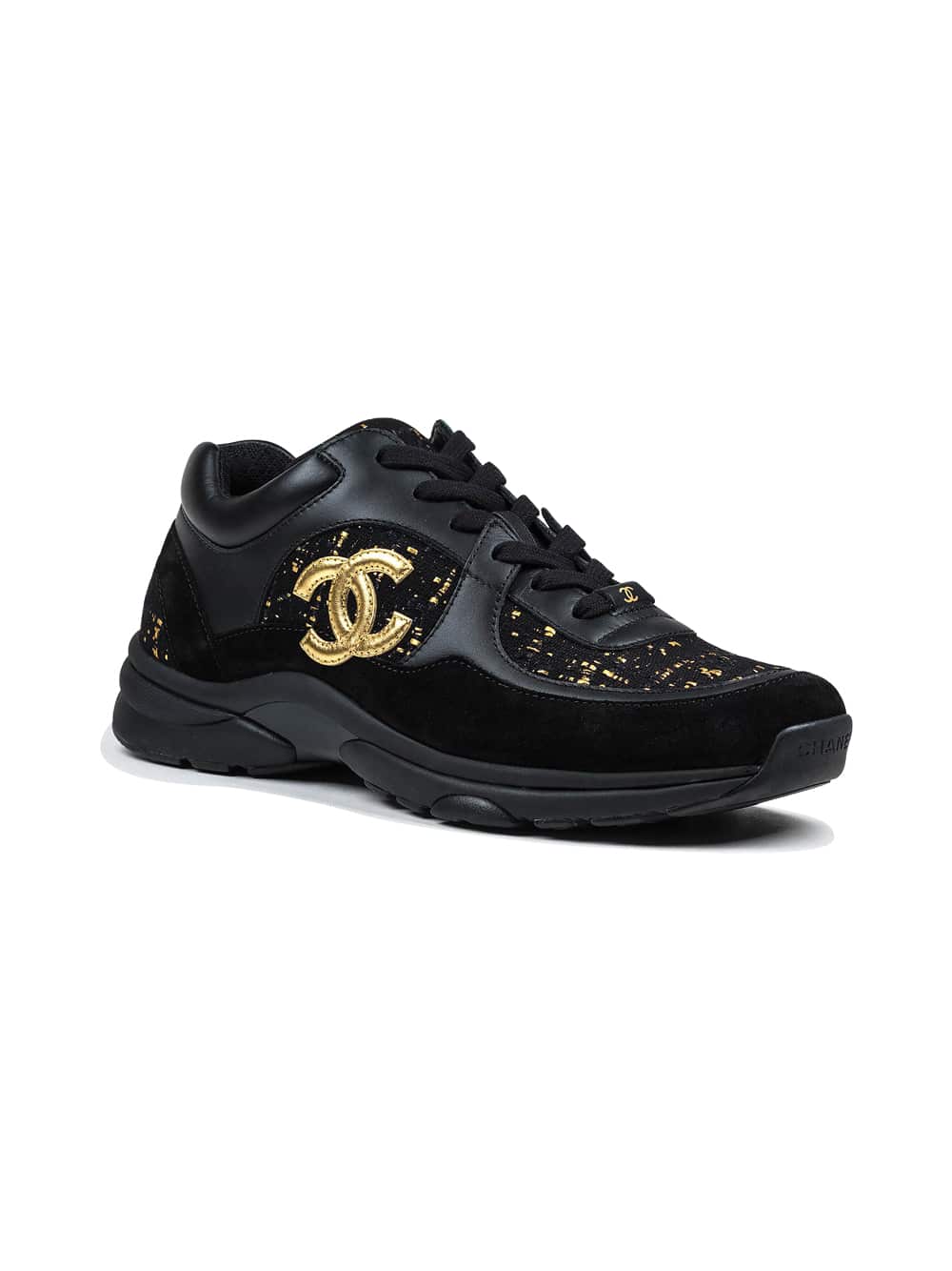 CHANEL CC Logo Suede Tweed Black Gold Sneaker