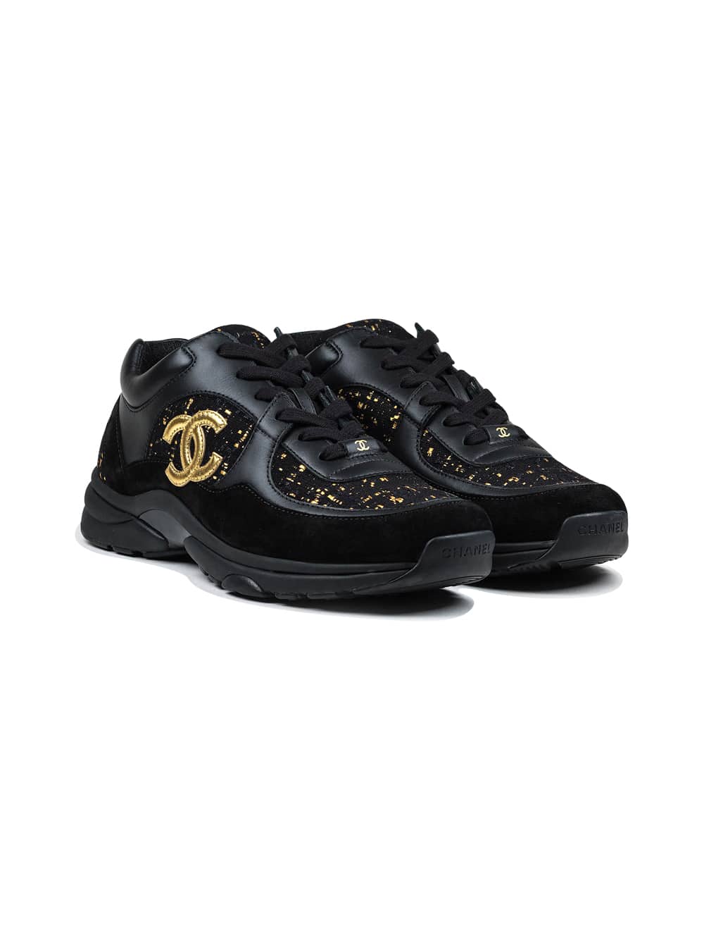 CHANEL CC Logo Suede Tweed Black Gold Sneaker